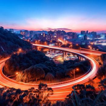 Trees Road City at Night Painting 4K Wallpaper