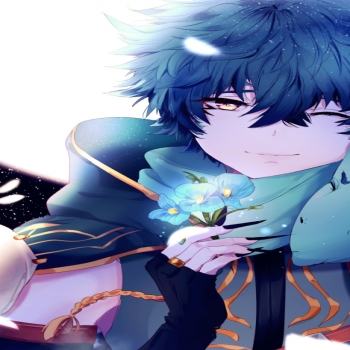 Anime boy dragon blue flowers original artwork wallpaper