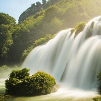 Summer jungle dawn misty waterfall 4K HD Photo