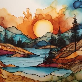 Landscape with sun and mountains in alcohol ink style