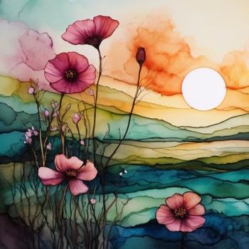 Landscape with sun and flowers in alcohol ink style