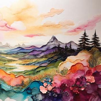 Alcohol ink landscape with mountains and flowers