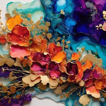 Alcohol-ink colorful flowers background