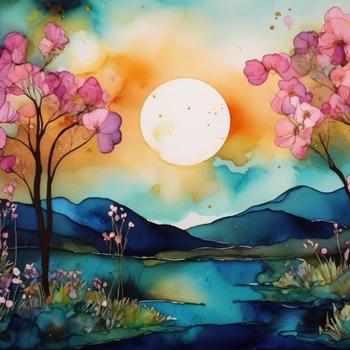 Landscape with sun and flowers in alcohol ink style
