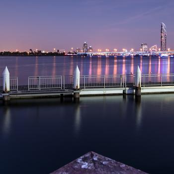 Bridge buildings evening harbor photography 4K..