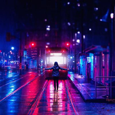 Vaporwave Woman At Railroad Night City Lights Art Wall Kde Store