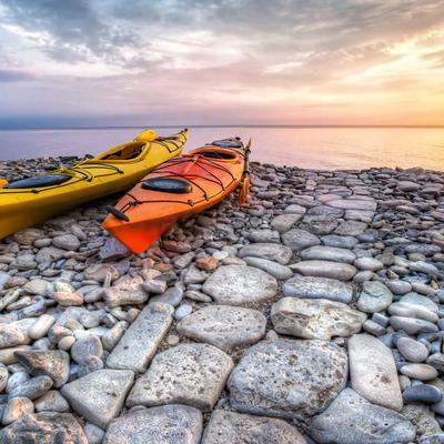 Stone Beach Sunset Ocean Sea Clouds Kayak 4k Ultra Hd - KDE Store