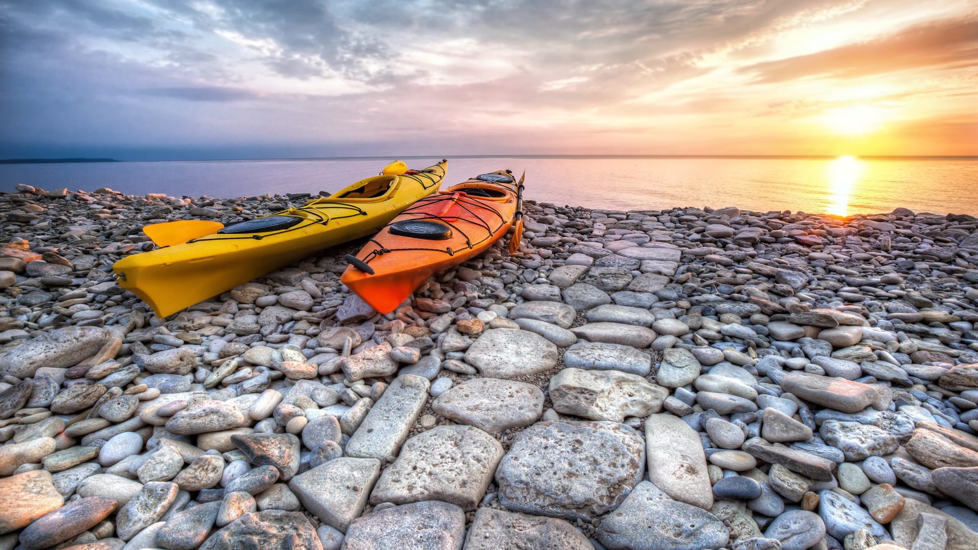 Stone Beach Sunset Ocean Sea Clouds Kayak 4k Ultra Hd - KDE Store