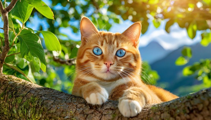 2 wallpapers of an orange tabby cat on a tree II - KDE Store